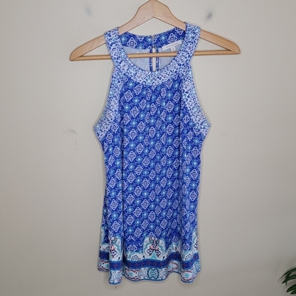 Stitch Fix Skies Are Blue | Blue Medallion Print Halter Tank Top - Picture 1 of 5
